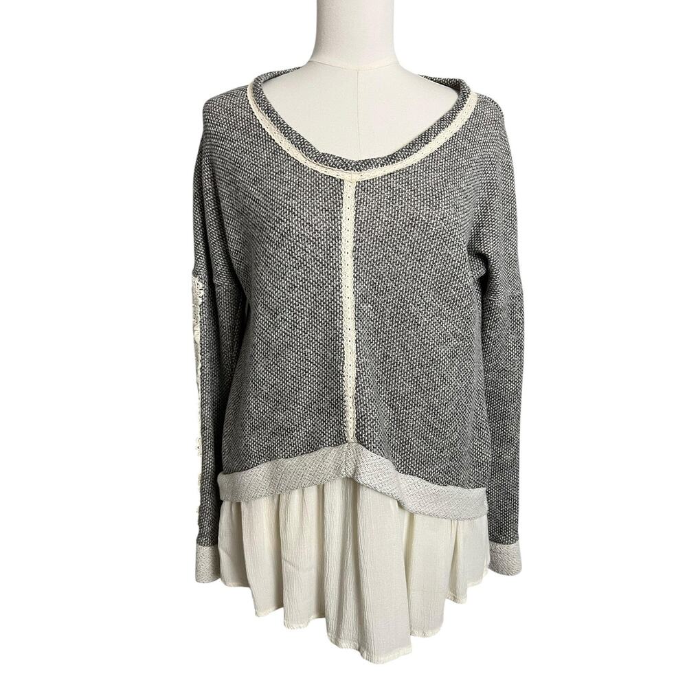 Maurices Mixed Media Tunic Top Large Gray Cream Lace Hem Boho Layered Look